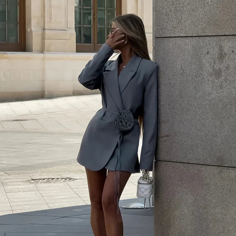 maoxiangshop  -  Women's Fashion Belt Long Sleeve Blazer Women's Autumn and Winter New Notch Collar Blazer Women's Retro Pocket Blazer