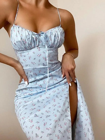 maoxiangshop-Hugcitar Sleeveless Satin Slip Floral Ruched Bandage Cut Out Maxi Dress Summer Women Fashion Sexy Party Club Robe