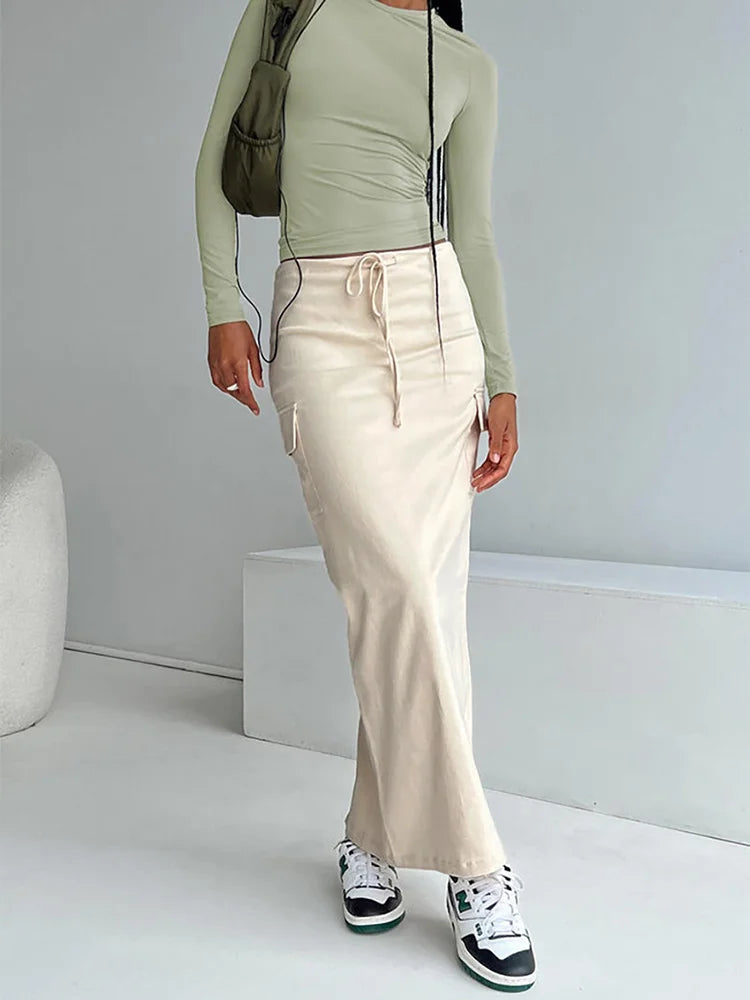 maoxiangshop  -  Lace Up Patchwork Pocket Maxi Skirt Women Low Rise Slim Autumn Temperament Commuter Slit Straight Long Skirt Streetwear
