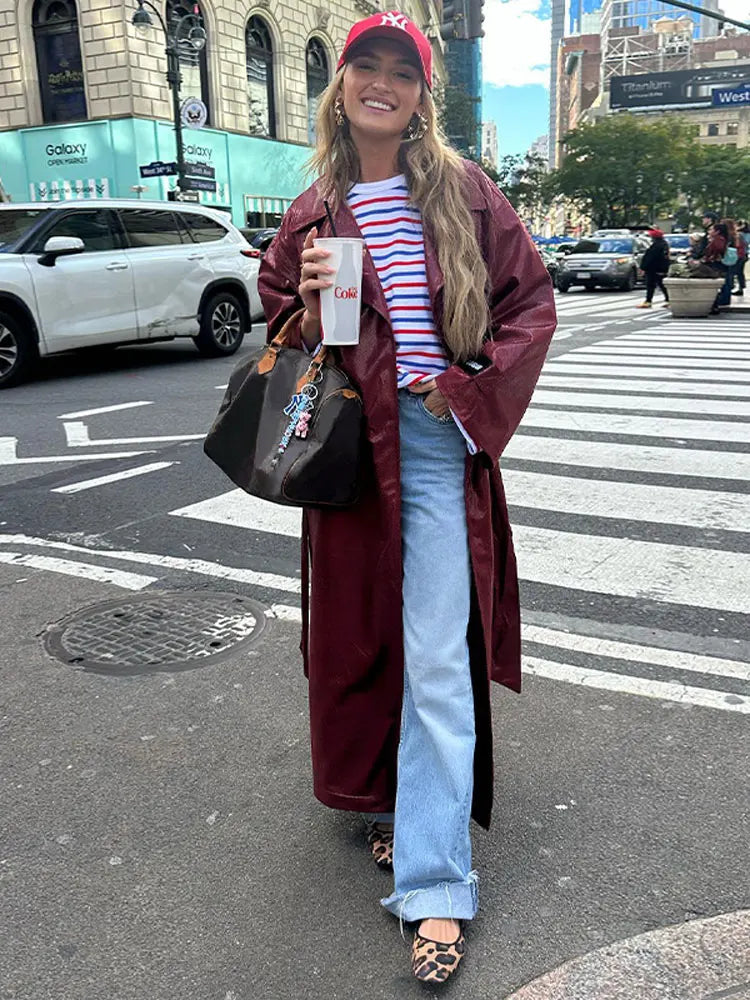 maoxiangshop -  Elegant With Belt Pu Leather Coat Women Turn Down Collar Full Sleeve Split Trench Coats Autumn Red Overcoat High Streetwear