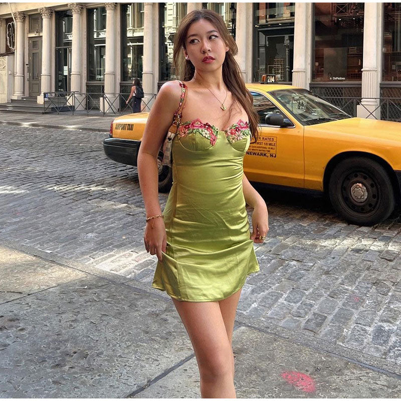 maoxiangshop Sexy Floral Embroidery Slip Dress Women Bodycon Female Mini Dresses Spring Sexy Slim Chic Beach Style Lady Vestidos