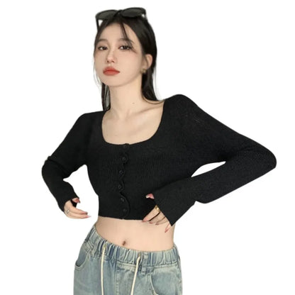 Women Autumn Long Sleeve Sweater Square Neck Slim Crop Top Female Winter Korean Solid Short Button Knitted Tops Chic Sweaters