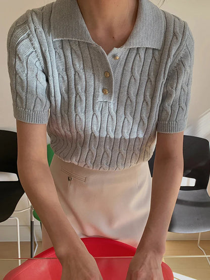 maoxiangshop  -  Korean Fashion Solid Knitted Short Sleeve 2024 Autumn New Women Turndown Collar Button Short T-shirt Simple Casual Slim Tops