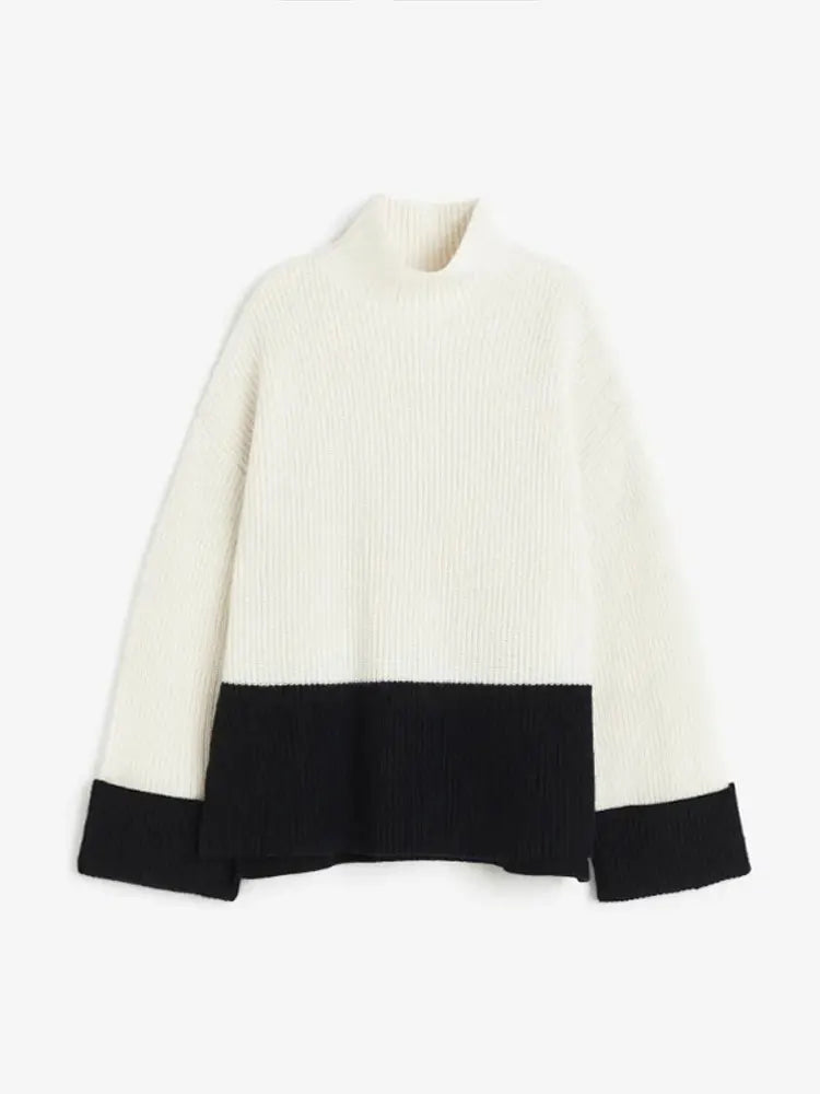 maoxiangshop -  Women's Fashion Patchwork Turtleneck Sweater Tops Autumn Loose Sleeve Knitted Pullover Female Elegant Lady Chic Knitwear
