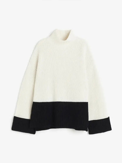 maoxiangshop -  Women's Fashion Patchwork Turtleneck Sweater Tops Autumn Loose Sleeve Knitted Pullover Female Elegant Lady Chic Knitwear
