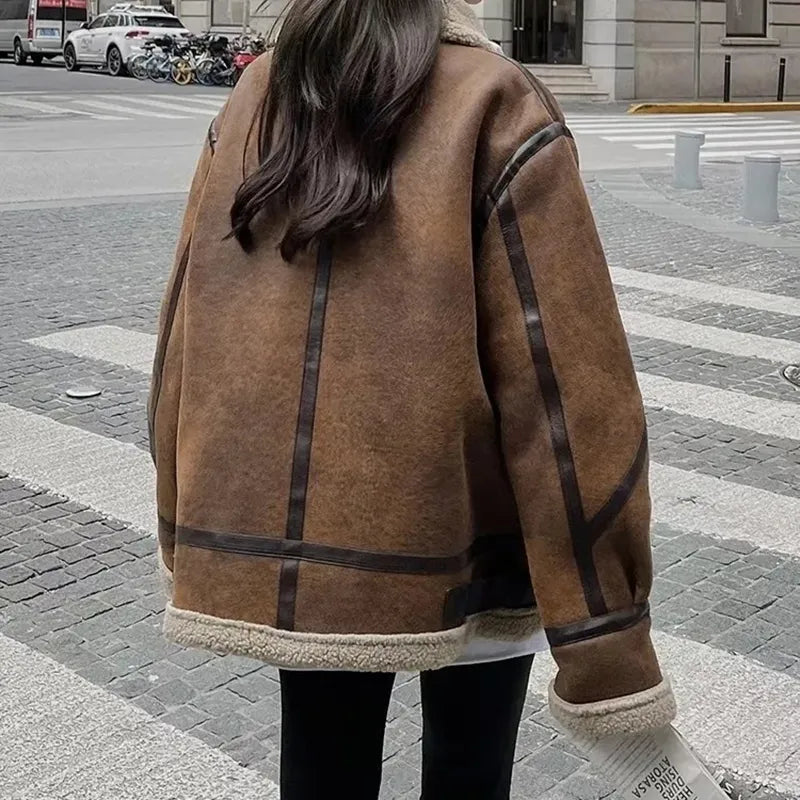 maoxiangshop Winter Sheepskin Coat Faux Fur Suede Leather Women Warm Lamb Shearling Jacket Zipper Moto Biker Long Sleeve Short Casual Outwear