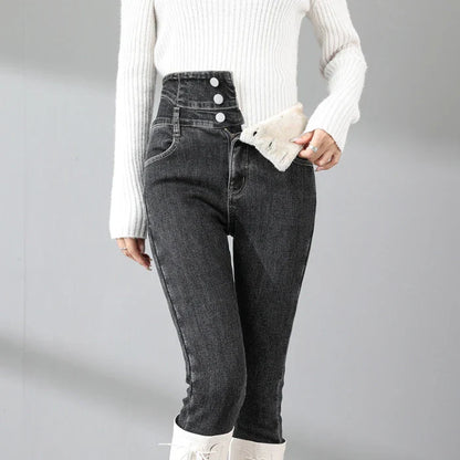 maoxiangshop Winter New Fleece High Waist Jeans for Women Classic Black Stretch Thickened Warm Slim Plush Velvet Pencil Denim Trousers