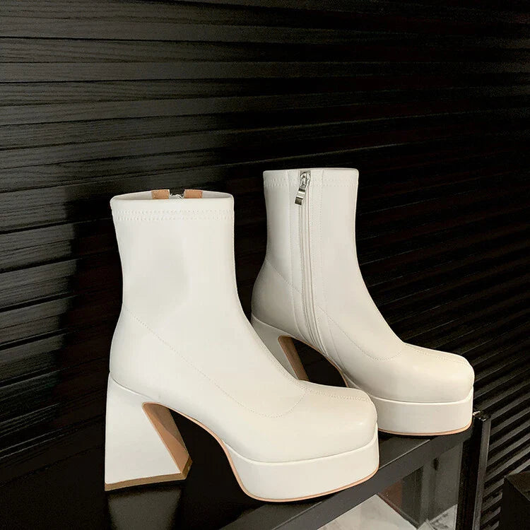 maoxiangshop  -  Chunky Chelsea Boots Winter Women Platform Shoes Zipper High Heels Square Toe Ankle Boots Pumps Punk Sexy Motorcycle Botas