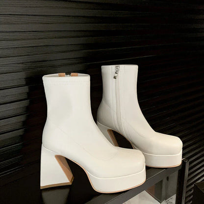 maoxiangshop  -  Chunky Chelsea Boots Winter Women Platform Shoes Zipper High Heels Square Toe Ankle Boots Pumps Punk Sexy Motorcycle Botas