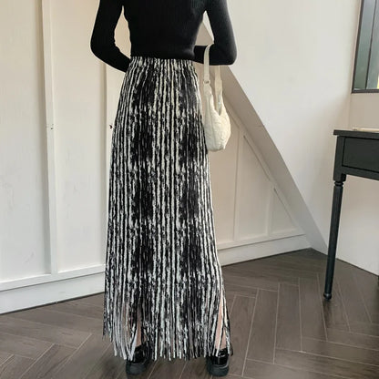 maoxiangshop French Chic Long Skirts for Women Tie-dye Printed Tassel High Waist Female Sheath Skirt Ladies Streetwear Maxi Skirt