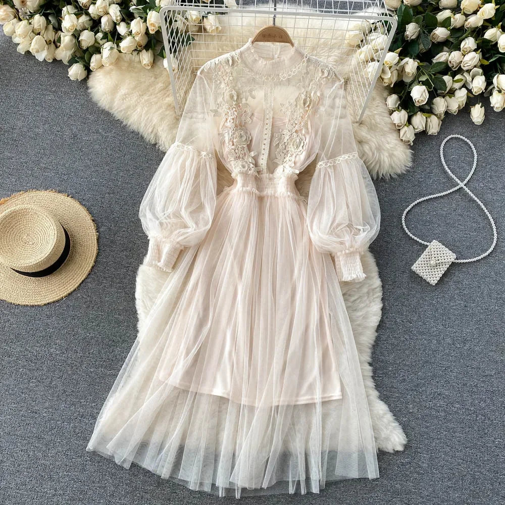 maoxiangshop Ladies Dress Three-dimensional Flower Hook Mesh Temperament Stand Collar Lantern Sleeve High Waist Slim Female Dresses