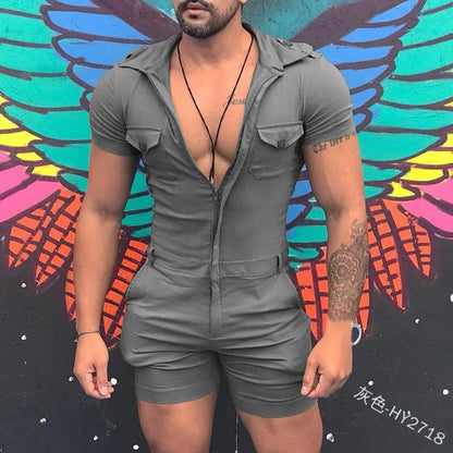 maoxiangshop Fashion Jumpsuits for Men  Summer Clothing Solid Color Short Sleeve Overalls Casual Street Wear Work Male Cargo Y2K Clothes