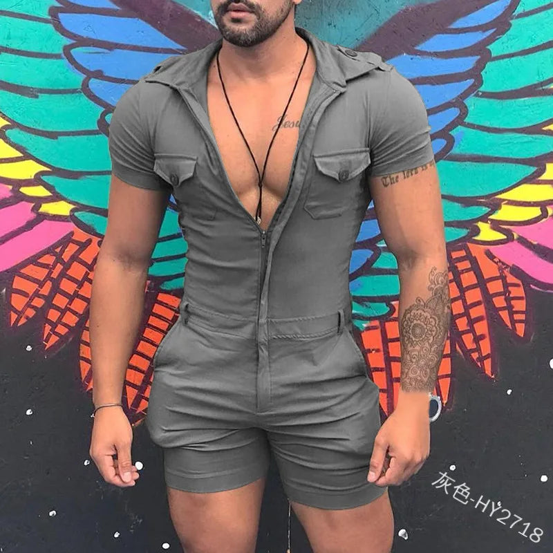 maoxiangshop Fashion Jumpsuits for Men 2024 Summer Clothing Solid Color Short Sleeve Overalls Casual Street Wear Work Male Cargo Y2K Clothes