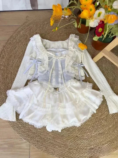 maoxiangshop  -  Elegant Sweet Slim Long Sleeve 3 Piece Set Women Autumn Fashion Thin Solid Sling Tops + High Waist Ruffle Short Skirt 2024 New