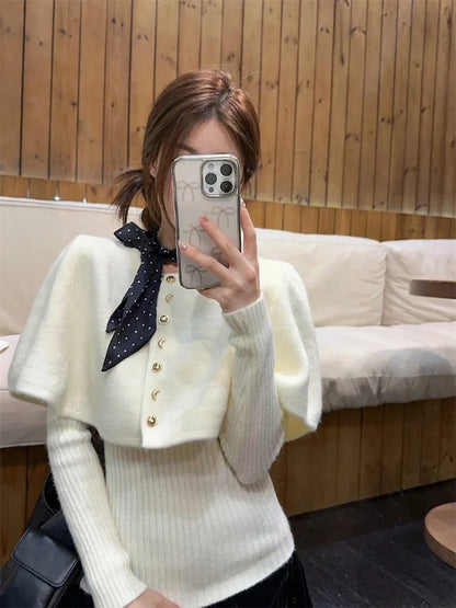 maoxiangshop  -  Vintage Red Poncho Sweater Women Ribbed Knitwear Two-Piece Set Pullover Korean Cutecore Long Sleeve Christmas Clothes
