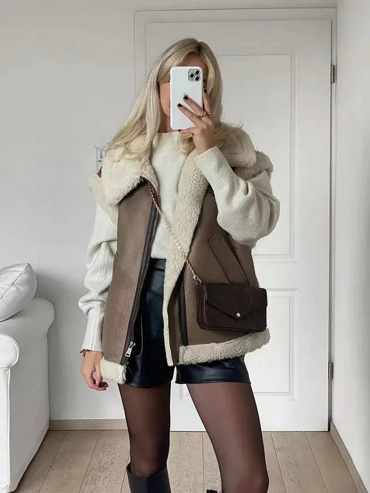 maoxiangshop  -  Women Autumn Faux Fur Vest Coat Warm Vintage Female Vests Coat Nude Zipper Sleeveless Jacket New in Outerwears
