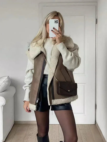 maoxiangshop  -  Women Autumn Faux Fur Vest Coat Warm Vintage Female Vests Coat Nude Zipper Sleeveless Jacket New in Outerwears