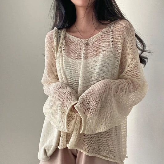 maoxiangshop- Full Sleeves Pullovers Hollow Out Sweaters Tops Sexy Women Fashion Casual Streetwear Chic Female Losse Sweaters Korean style