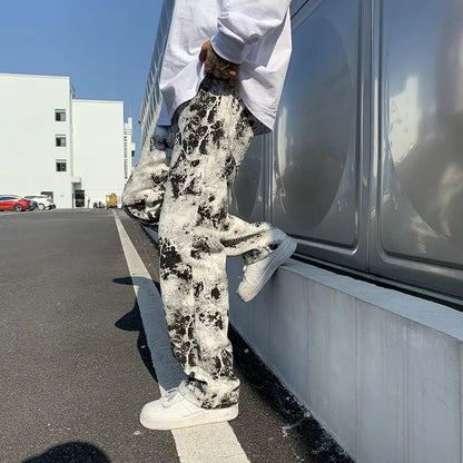 maoxiangshop Mens Fashion Printed jeans Spring Mopping Trousers Jeans Korean Style High Street Loose Hip Hop Wide-leg Jean Pants