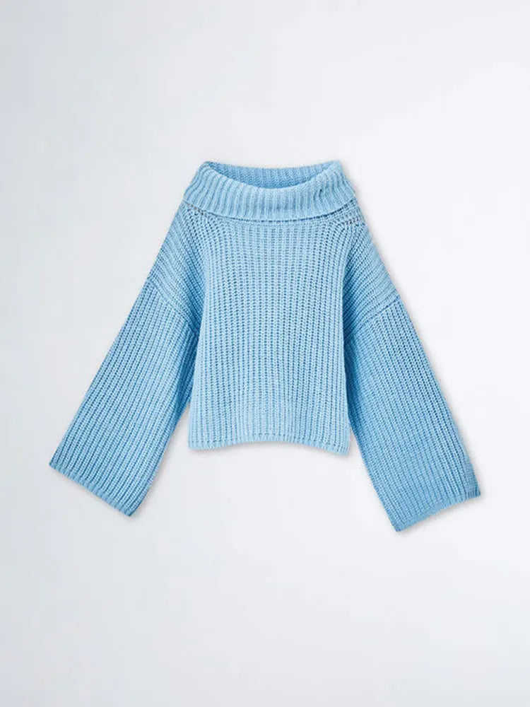 maoxiangshop  -  Woman Blue Slash Neck Off Shoulder Sweater Autumn New Long Sleeve Oversize Pullover Chic Casual High Streetwear Knit Jumper