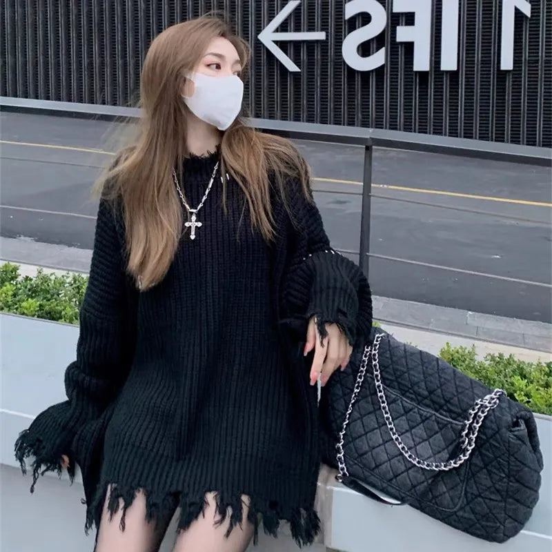 maoxiangshop Distressed Sweater Black Grunge Oversized Fringed Knit Jumper Punk Girl Women's Pullover Autumn Winter