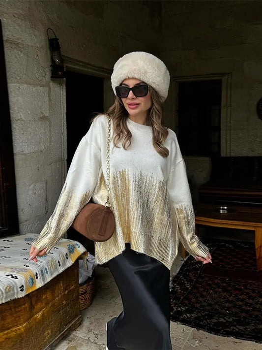 maoxiangshop  -  Loose Tie Dyed Shiny Metallic Sweater Women Round Neck Long Sleeve Knit Pullover 2024 Spring Autumn Fashion Lady Street Jumper