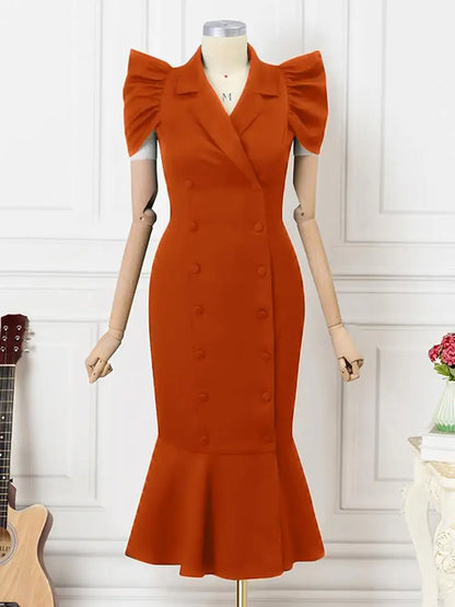 maoxiangshop Summer Puff Sleeve Belted Midi Vestidos Elegant OL Mermaid Dress Women Fashion Slim Suit Dress Chic Notched Collar Robes