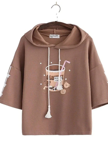 Harakuju Print Kawaii Hoodies Women Summer Half Sleeve Cotton Hooded Sweatshirts Sweet Style Korean Fashion Drawstring Tops
