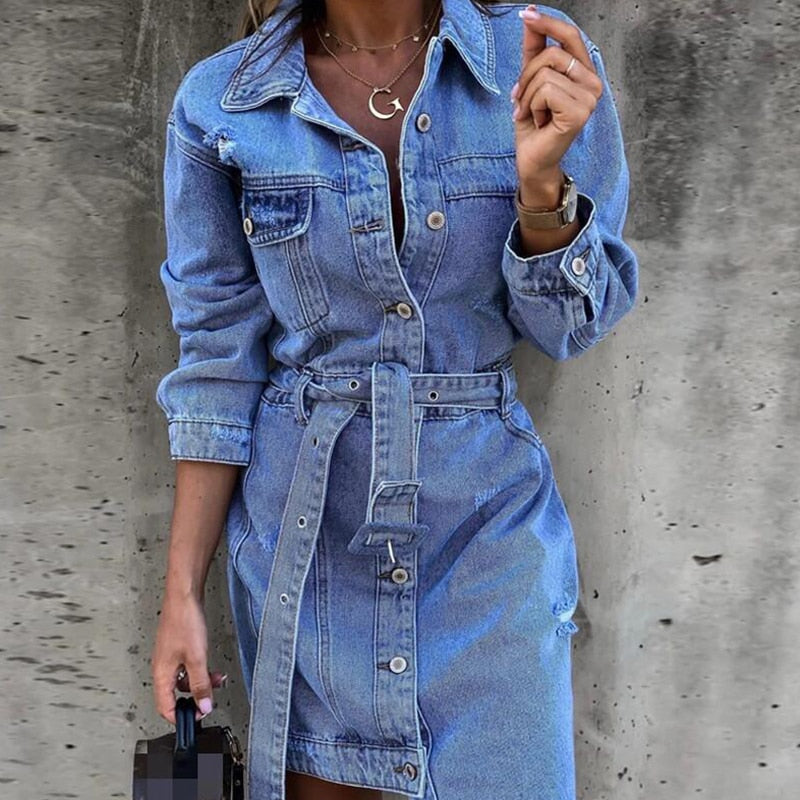 maoxiangshop Women Sexy Button V Neck Washing Denim Dress Casual Summer Short Sleeve Long Dress Spring Vintage Fashion Jean Party Dress