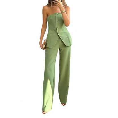 maoxiangshop Trousers Set Tube Top Trousers Set Elegant Bandeau Top High Waist Wide Leg Pants Set for Women Single Breasted Off for Office