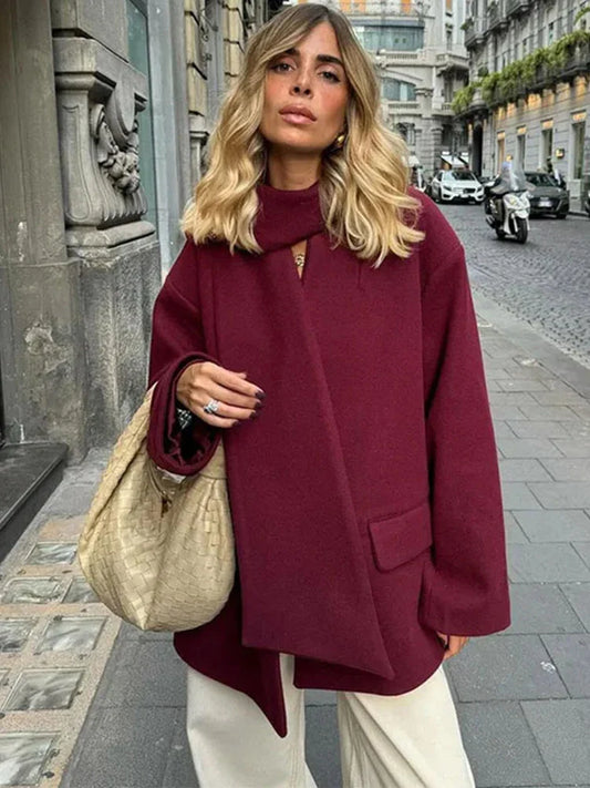 maoxiangshop  -  Fashion Burgundy Scarf Collar Woolen Coats Women Single Breasted Pocket Loose Overcoat 2024 Lady Elegant Thick Winter Streetwear