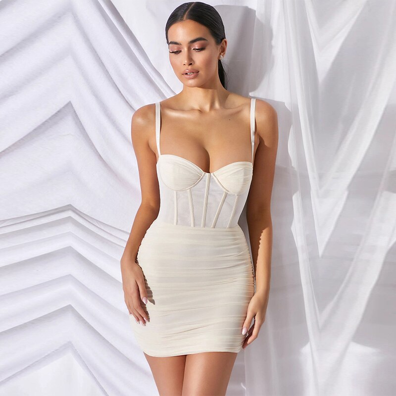 Summer Mesh Corset Ruched Mini Dress Women New Sleeveless Party Night Club Gown Sexy Backless Dresses See Through