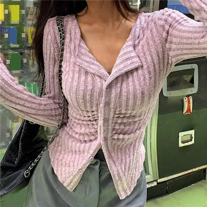 Y2k Knitted Cardigan Women  Collar Sweater Coat Vintage Long Sleeve Single Breasted Top Autumn Fashion Girls Knitwear Jumper