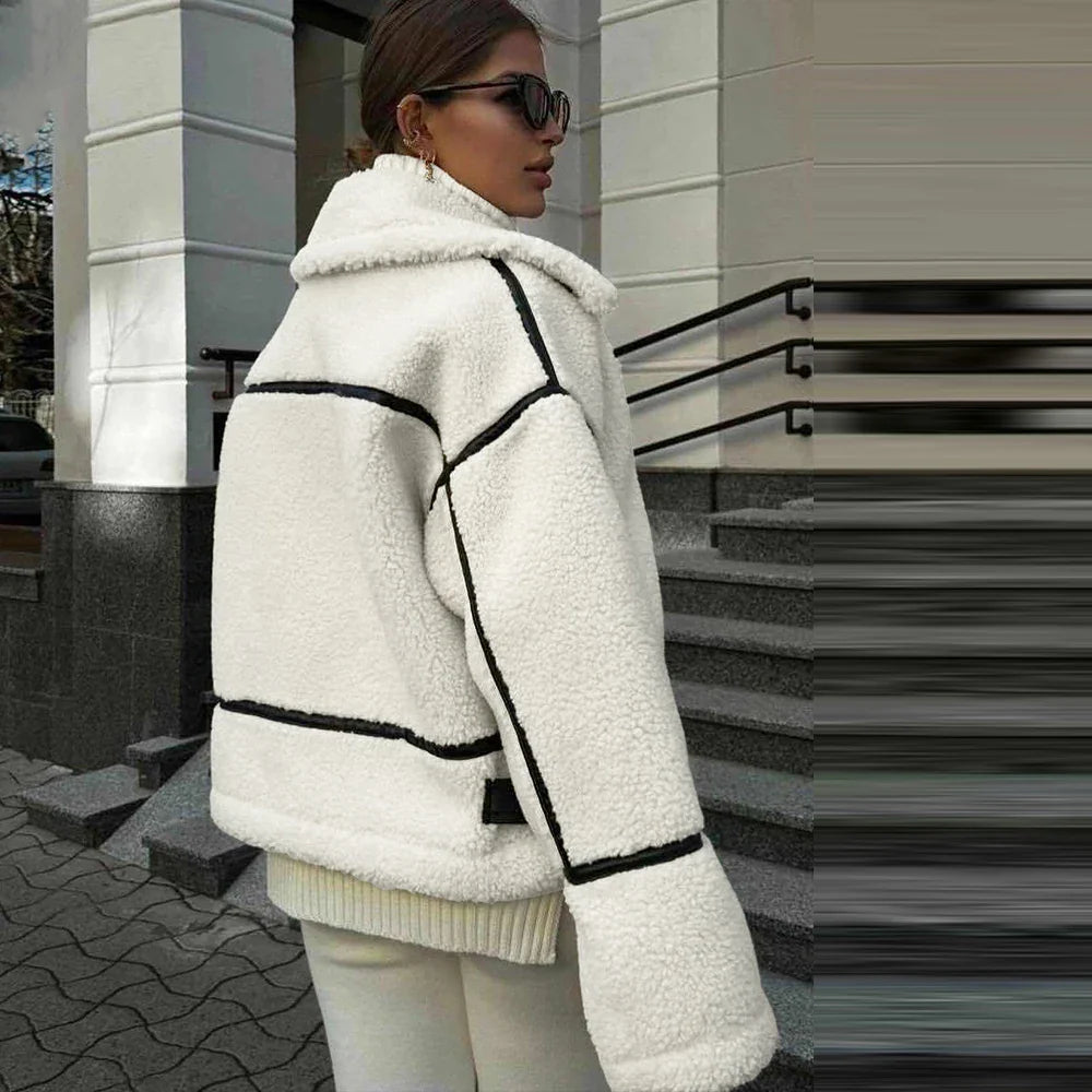 maoxiangshop  -  Winter Warm Lamb Wool Jacket Casual Loose Thick Coat Contrast Color One Piece Faux Fur Jacket Coat Plush Jacket Women