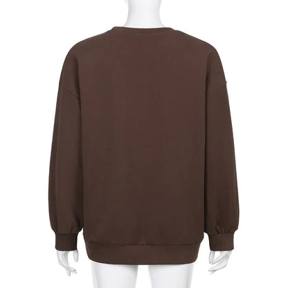 maoxiangshop  -  New Fall Trend Casual Long Sleeve Pullover Top Embroidered Oversized Brown Y2k Sweatshirt Ladies Winter Fashion Clothing