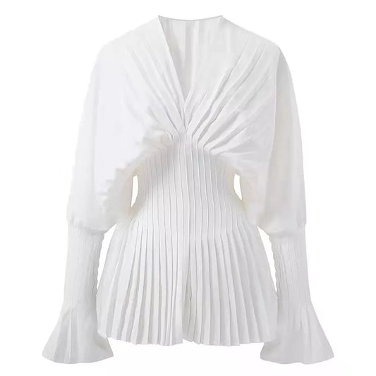 maoxiangshopElegant Women Loose White V-Neck Pleated Shirts Female Lantern Full Sleeve Tops Blouses Casual Blusas Spring Autumn