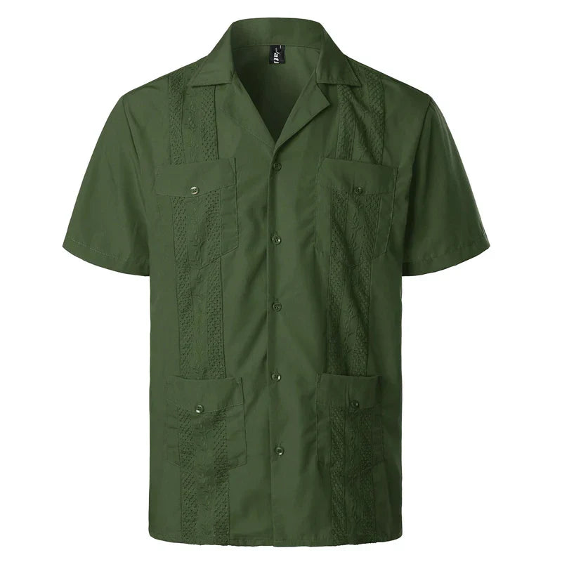 maoxiangshop Men's Traditional Cuban Camp Collar Guayabera Shirt Short Sleeve Embroidered Mexican Caribbean Style Beach Shirt with 4 Pocket