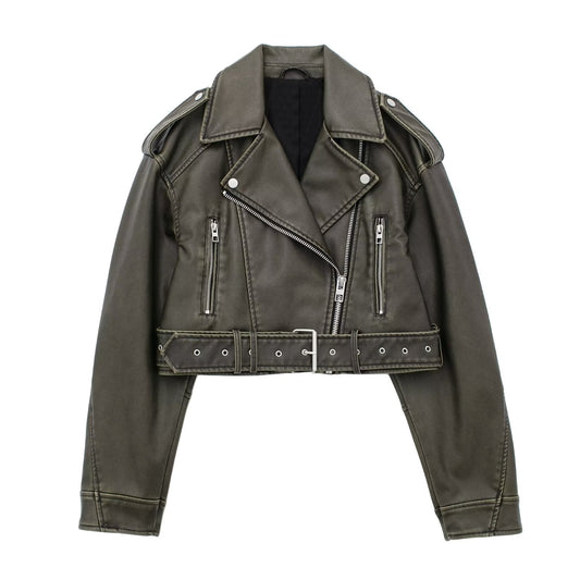maoxiangshopWomen Vintage Loose Pu Faux Leather Short Jacket with Belt Streetwear Female Zipper Retro Moto Biker Coat Outwear Tops