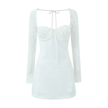 Women Fashion Hot Sweet Lace Long Sleeve Mini Dress French Square Collar Sexy Slim Backless Short Dresses