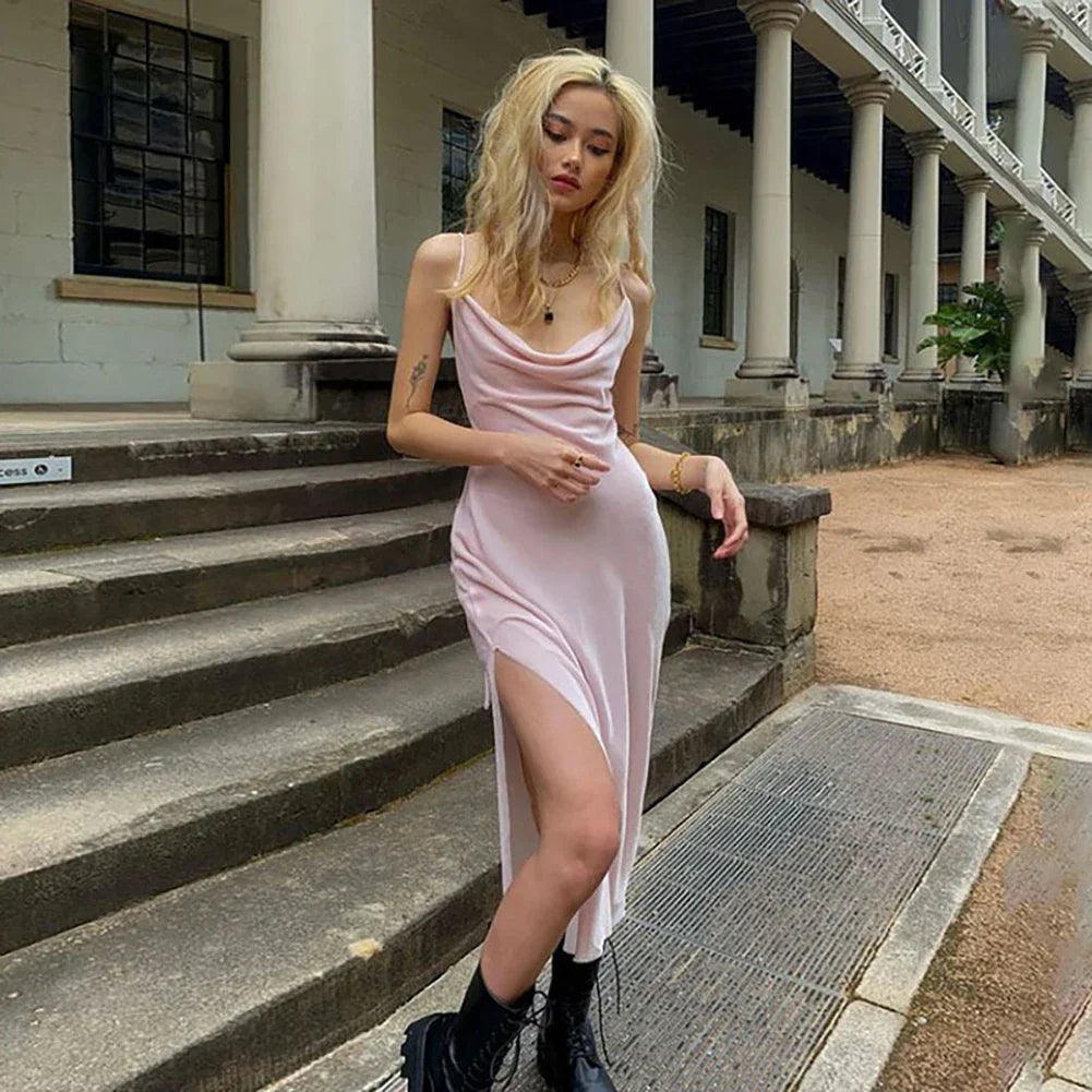 Summer Women's Dress 2024 Satin Hip Split Elegant Slim Long Dresses Sexy Low-cut High Waist Bag Hip Slit Sling Rode Casual Cloth