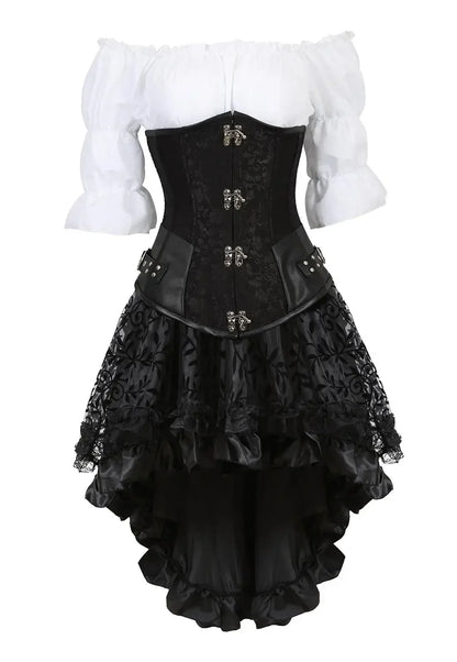 maoxiangshop  -  Leather Corset Plus Size 3 Piece Outfits for Women Steampunk Steel Boned Bustier Underbust Skirt Blouse Set Pirate Rave Costume