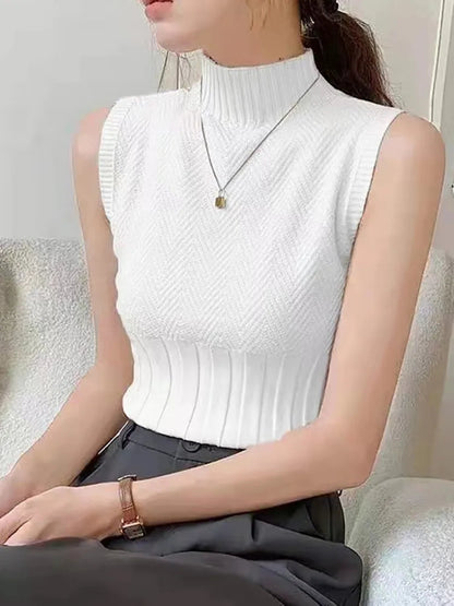 maoxiangshop Women Summer Casual Knitted Tank Tops Solid Sleeveless Half High Collar Slim Base Shirt Sexy Top Knitwear Y2k High Street