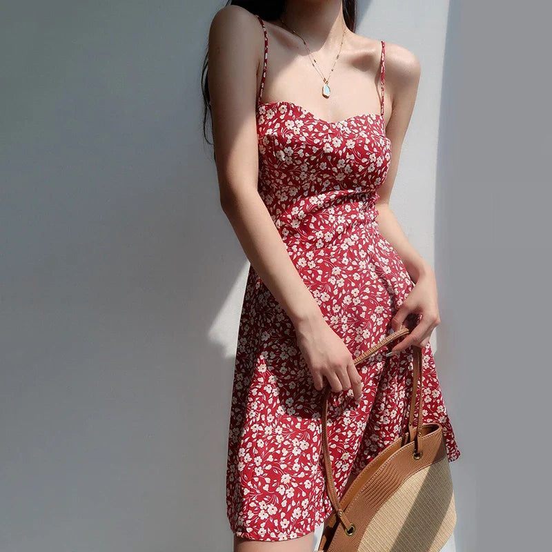 maoxiangshop Summer Red Floral Print Dress Women Elegant Chiffon Spaghetti Strap Dress Woman Sexy Beach Backless Ladies Dresses