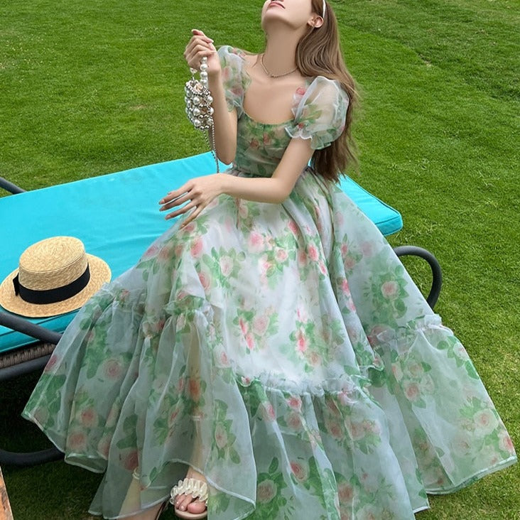 maoxiangshop Vintage Floral Evening Midi Maxi Dresses for Women Elegant Casual Party Prom Green Holiday Princess Fairy Long Dress Summer