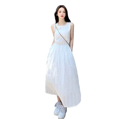 maoxiangshop Summer Square Collar Embroider White Dress Women Elegant Party Solid Drawstring Female Sundress Fashion Chic Midi Dresses