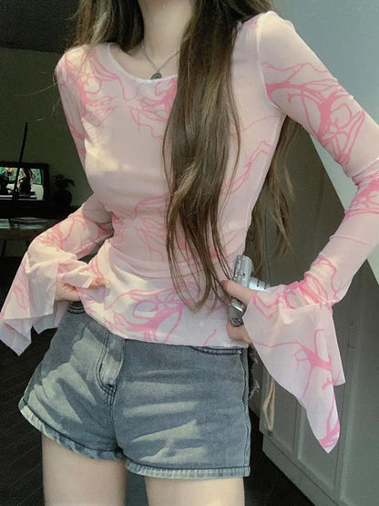 maoxiangshop Pink Tie Dye Mesh Tops Women Summer Long Sleeve See Through Slim Sunscreen T Shirt Grunge Aesthetic Hot Girl Skinny Y2k Clothes