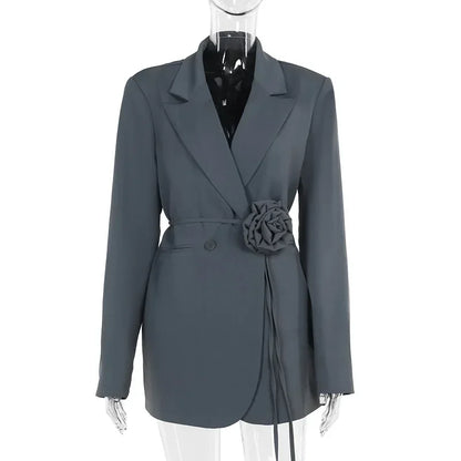 maoxiangshop  -  Fashion Flower Belt Blazers Office Women's Loose With Pockets Long Sleeve Coat Solid Color Casual Blazers 2024 Autumn New