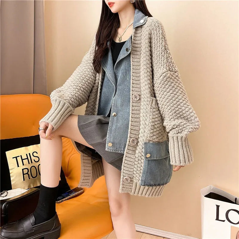 2023 Spring Autumn Denim Patchwork Loose Lazy Style Thickened Clothes Knitted Sweater Coat Cardigan Top Women