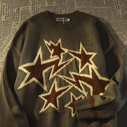 maoxiangshop Autumn and Winter Sweater Men Women American Style Star Print Loose Knitted Pullover High Street Harajuku Oversize Tops Y2K New