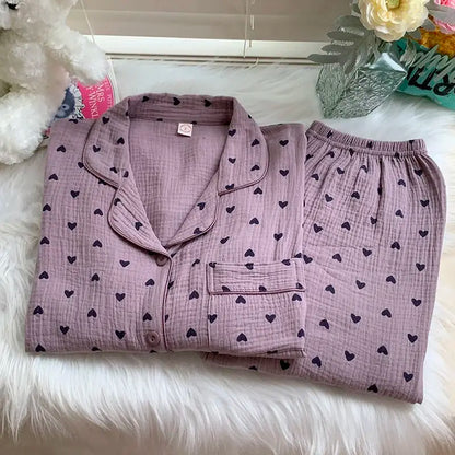 maoxiangshop  -  Cotton Double-layer Gauze Pajamas For Women's Fashion Cute Carrot Print Long Sleeve Tops + Pant Home Clothing Two-piece Set